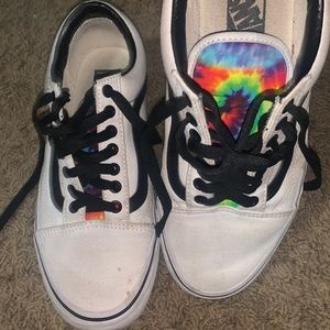 White custom canvas vans with rainbow tongue